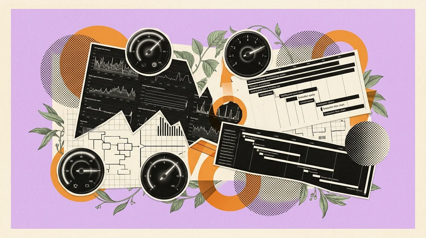 Minimalist vintage editorial illustration representing multi-agent telemetry and distributed trace spans on a soft lavender background