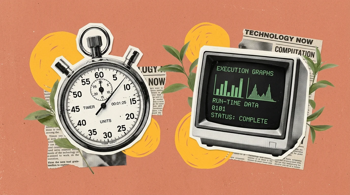 Vintage editorial collage illustration of a vintage stopwatch dial gauge and terminal execution monitor on a soft terracotta background