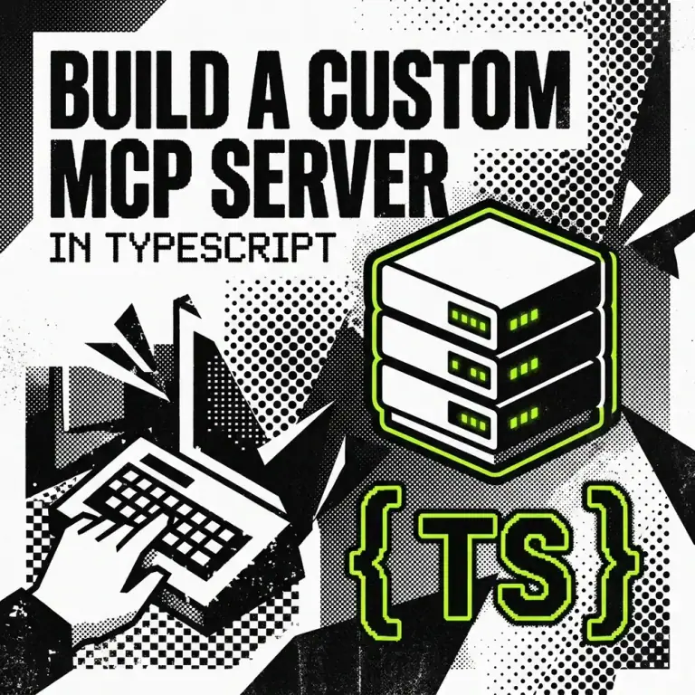 Retro-tech editorial graphic showing a server stack and TypeScript logo