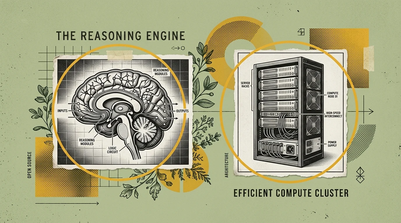 Vintage editorial collage illustration of an open source reasoning engine and efficient compute cluster on a soft olive background