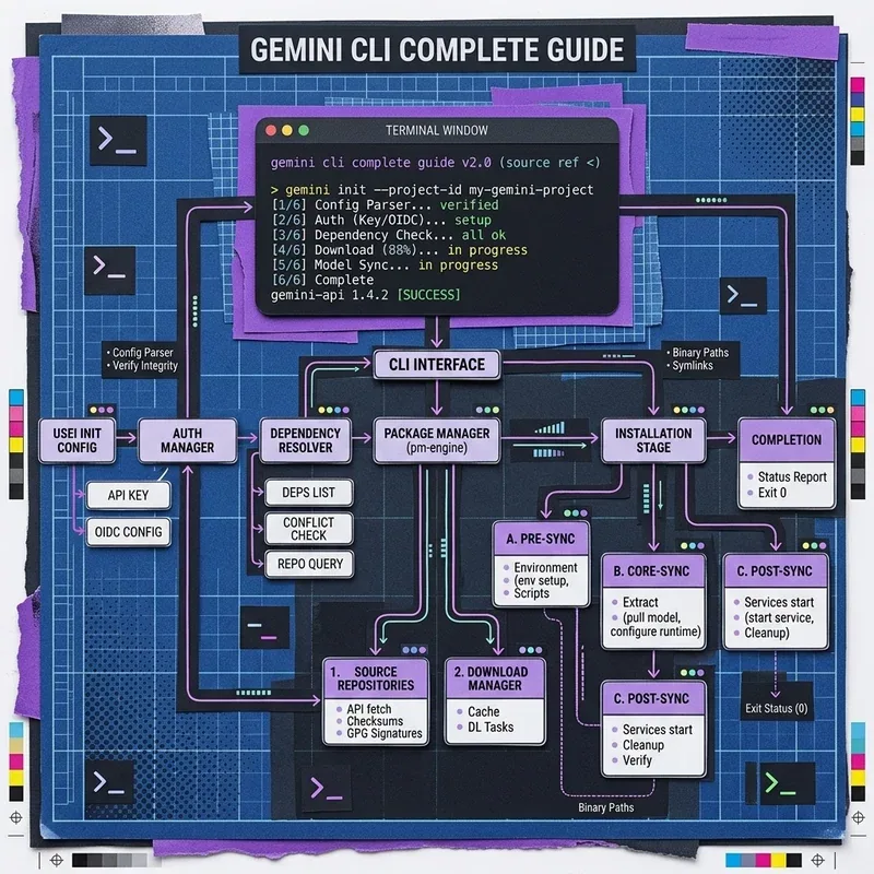 Minimalist vintage editorial collage showing multi-repository file trees and terminal commands in Google Gemini CLI on soft olive