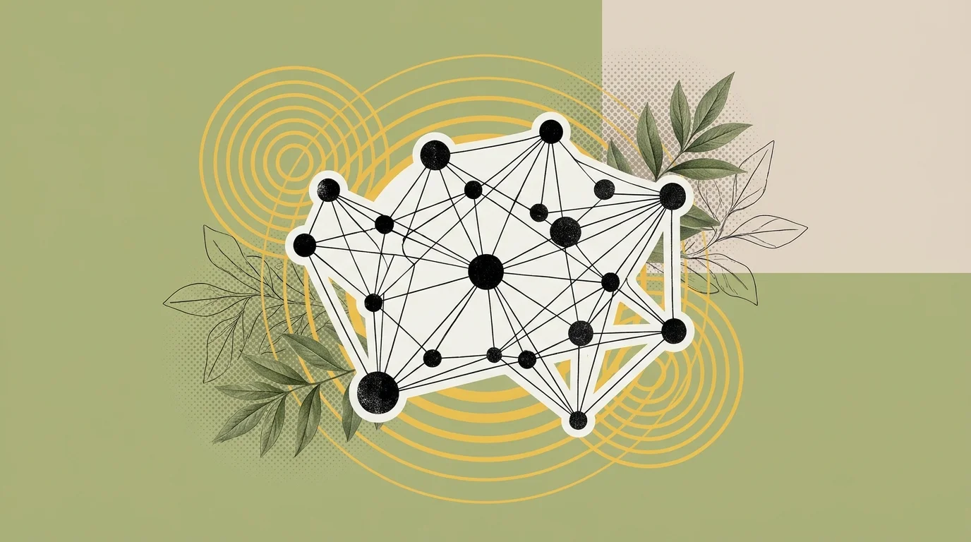Minimalist vintage editorial illustration representing interconnected knowledge graph nodes and vector embeddings on a muted olive background