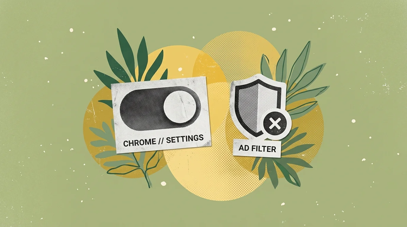 Minimalist vintage editorial illustration of a Chromium browser settings toggle and ad filter shield on a soft olive background