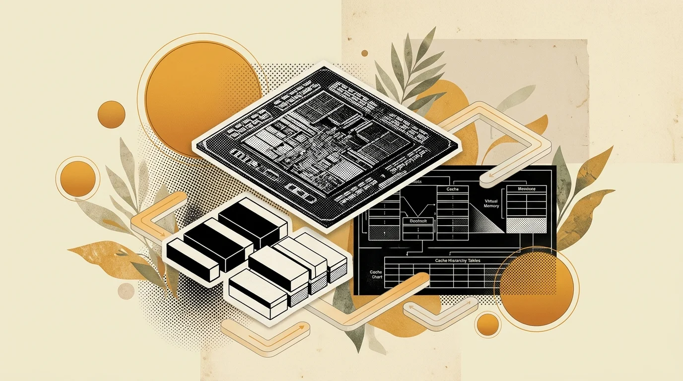 Minimalist vintage editorial illustration representing GPU memory blocks and PagedAttention tables on a warm sand background