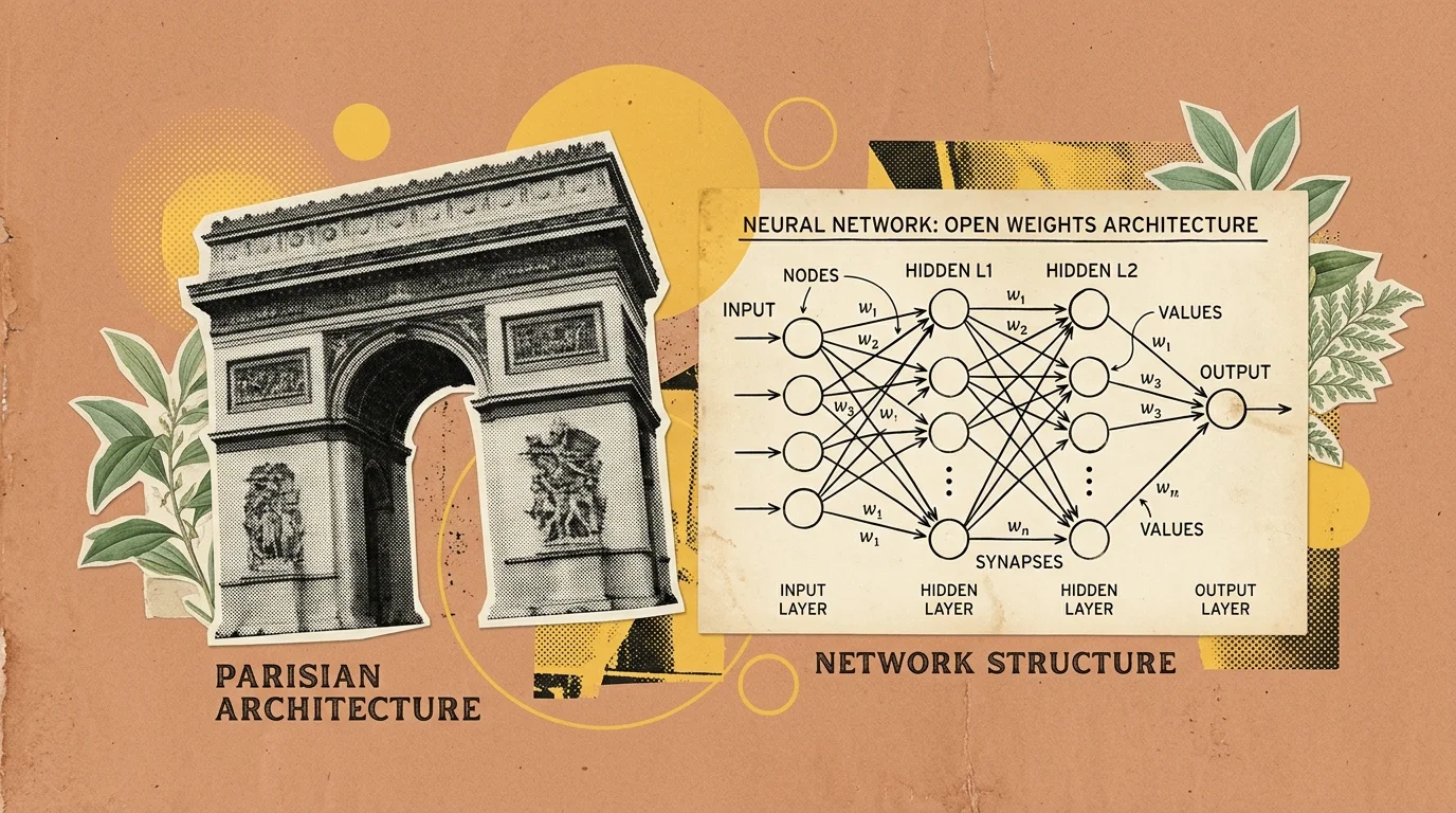 Vintage editorial collage illustration of Arc de Triomphe and neural network diagram on a soft terracotta background
