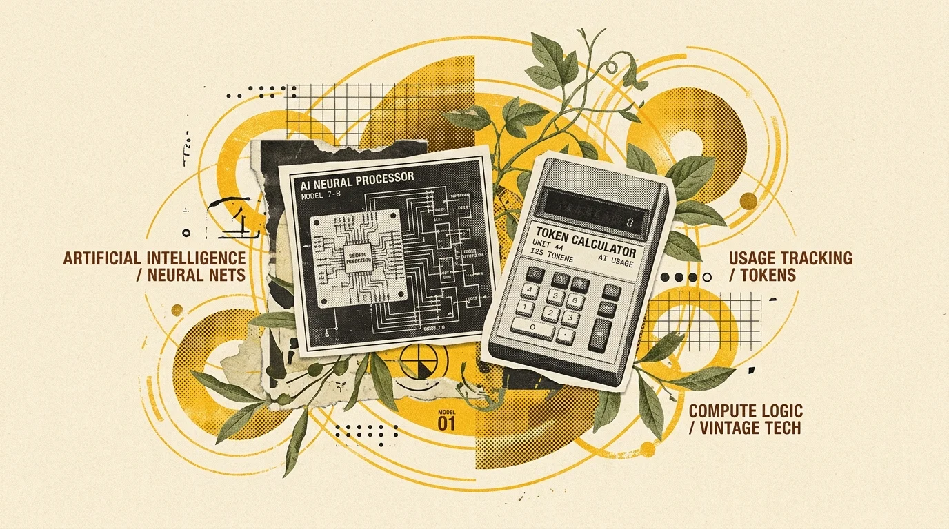 Minimalist vintage editorial illustration of OpenAI neural processor and token calculator on a warm cream sand background