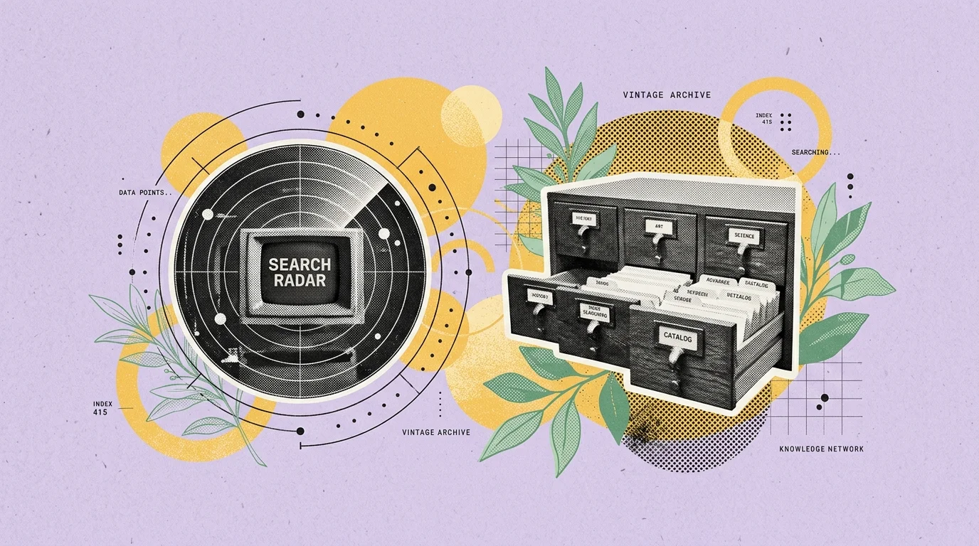 Minimalist vintage editorial illustration of internet search radar and academic catalog on a soft lavender pastel background