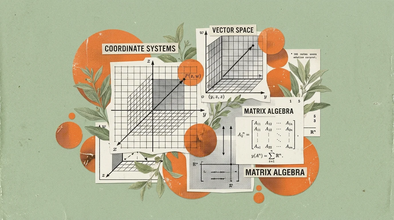 Vintage editorial collage illustration of vector coordinate grids, mathematical matrices, and warm orange geometric circles on a soft sage green background